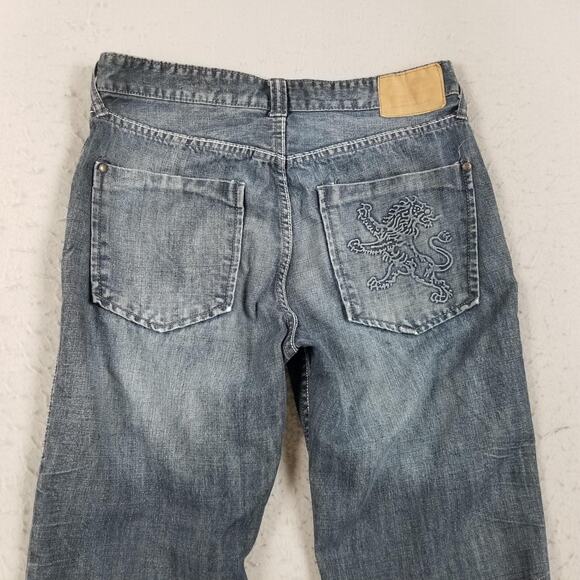 Express Kingston Jeans Mens 34x32 Blue Bootcut Classic Fit Whiskered Lion Denim - Picture 6 of 15